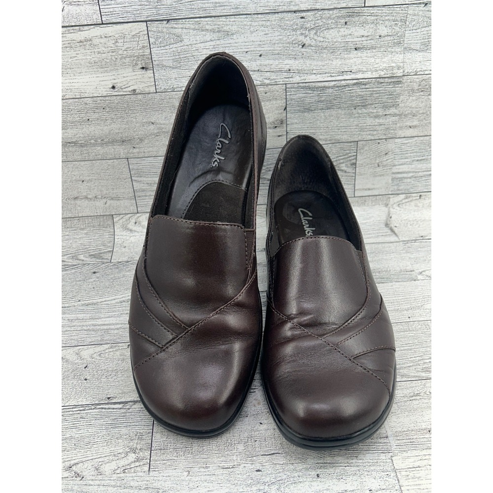 Clarks Brown Leather Wedge Loafers Slip On Shoes Pleated Toe 84630 Women Sz 7.5M
